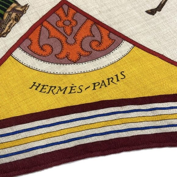 Auth HERMES Losange - Orange Beige Multi Cashmere Silk Scarf - Picture 7 of 12